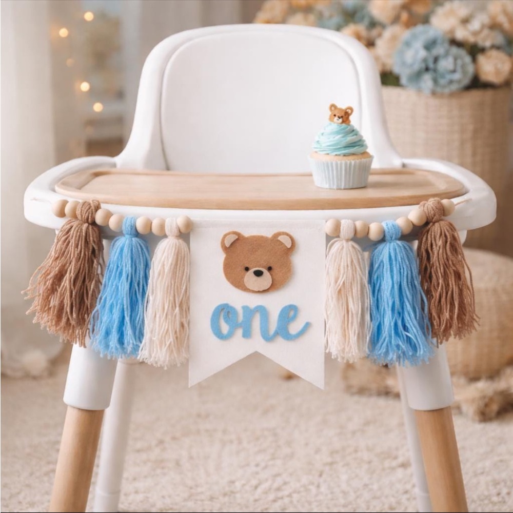 One First Birthday High Chair Banner - Blue, Cream & Brown